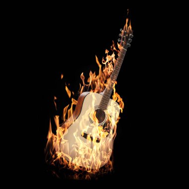 Siyah arka planda alevler içinde akustik gitar