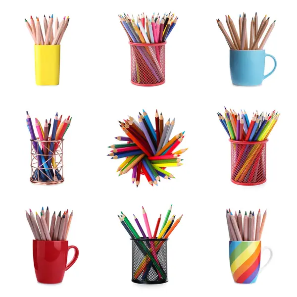 Farklı tutacaklardaki renkli kalemler beyaz, set üzerine izole edilmiş