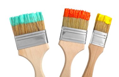 Beyaz üzerine izole edilmiş farklı boyalarla fırçalar