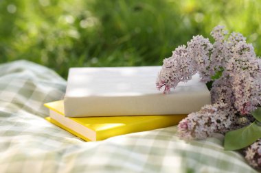 Yığınla kitap, leylak çiçekleri ve yeşil çimlerin üzerinde battaniye, yakın plan.