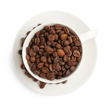 Kavrulmuş kahve çekirdekli seramik fincan, beyaz, üst manzara.