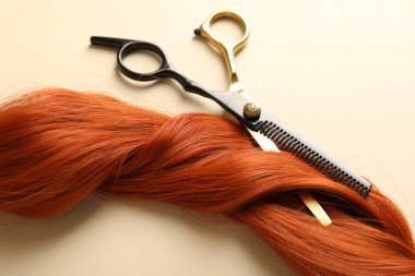 Bej arkaplanda saç kilidi ve makas, üst görünümde