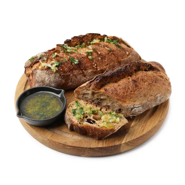 Beyaz üzerine sarımsaklı, otlu ve yağlı lezzetli ekmek.