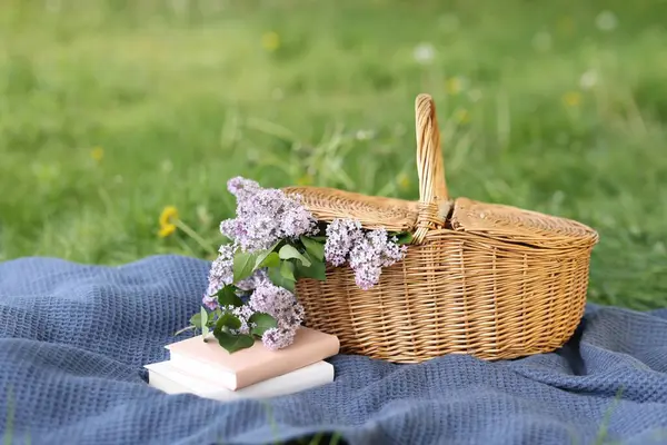 Yığınla kitap, battaniye ve hasır sepet. Yeşil çimlerin üzerinde leylak çiçekleri, yakın plan.