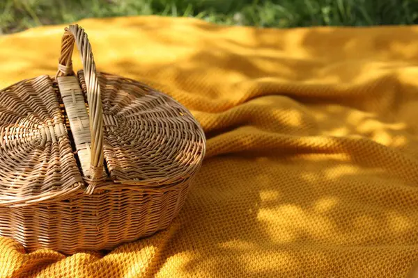 Sepet ve battaniye yeşil çimlerin üzerinde, yakın plan.