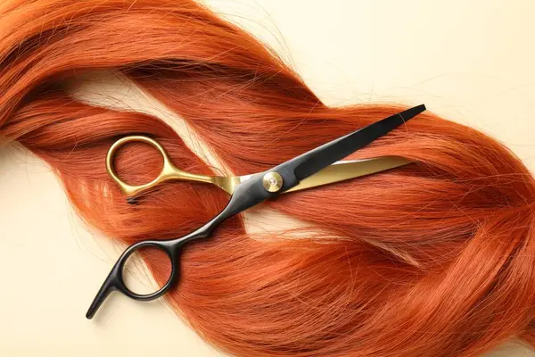 Bej arka planda saç kilitleri ve makas, düz yatış