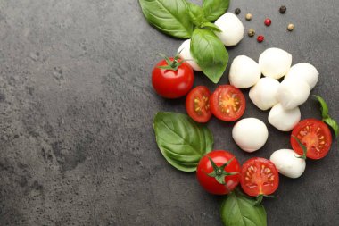 Mozzarella peyniri, domates, fesleğen ve biberler gri masada, düz yerde. Metin için boşluk