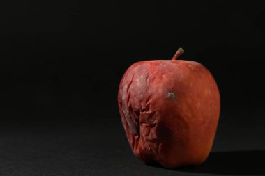 Siyah arka planda bir çürük kırmızı elma. Metin için boşluk