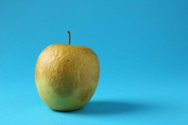 Açık mavi arka planda bir çürük yeşil elma. Metin için boşluk