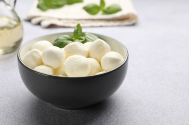 Lezzetli mozzarella peynirli toplar ve açık gri masada fesleğen, yakın plan. Metin için boşluk