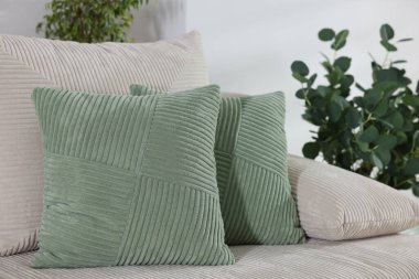 İçerideki kanepede iki açık yeşil yastık.