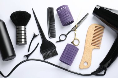 Beyaz arka planda farklı kuaför aletleri, düz yatış