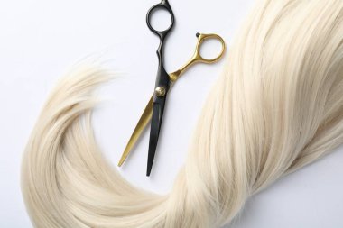 Beyaz zemin üzerinde saç kilidi ve makas düz yatar