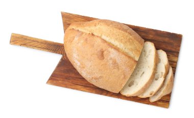 Bir somun ekmek ve ahşap tahta beyaz, üst manzara izole