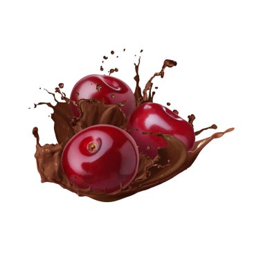 Çikolatayla sulu kirazlar beyaz arka plana sıçramış.