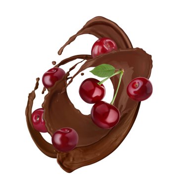 Çikolata damlaları ve sulu kirazlar beyaz arka planda havada