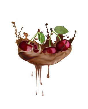 Çikolatayla sulu kirazlar beyaz arka plana sıçramış.
