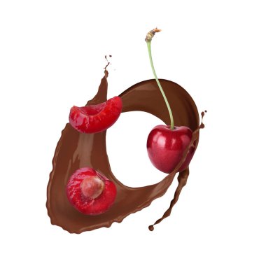 Çikolata damlaları ve sulu kirazlar beyaz arka planda havada