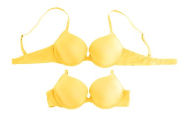 Güzel sarı sütyen beyaza izole edilmiş, kolaj. Üst görünüm