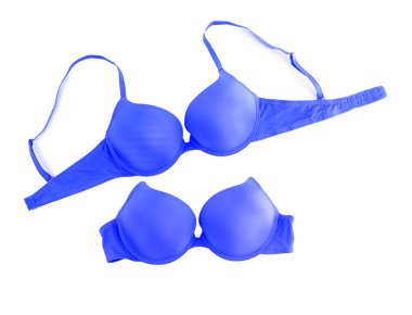 Güzel mavi sütyen beyaz kolajda izole edilmiş. Üst görünüm