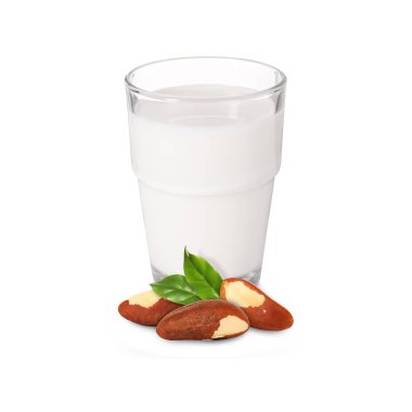 Bardakta fındık sütü ve beyazda Brezilya fındığı.