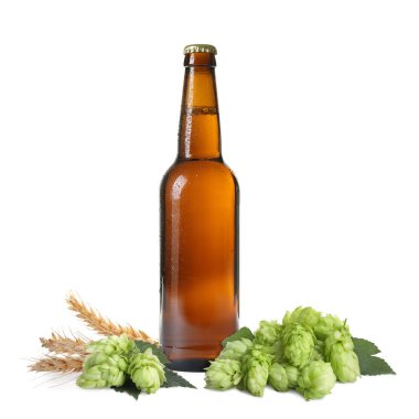 Zıplayan çiçekler ve beyaz arka planda buğday kulakları olan cam şişede taze bira.