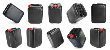 Beyaz arka planda plastik kutu, kolaj. Farklı taraflardan görünüm