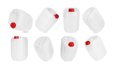 Beyaz arka planda plastik kutu, kolaj. Farklı taraflardan görünüm