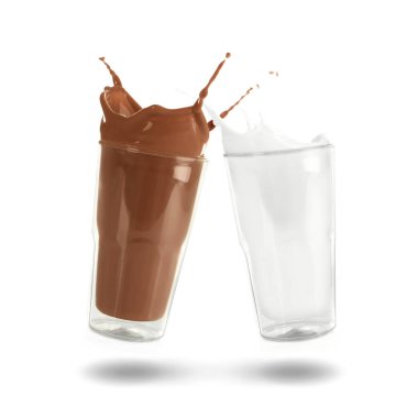 Çikolata içeceği ve beyaz arka planda bardaktan fışkıran süt.