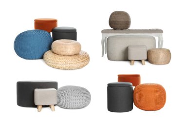 Beyaza izole edilmiş farklı puflar, kolaj. İç öge