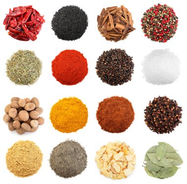 Beyaz arka planda farklı aromatik baharatlar, set. Üst görünüm