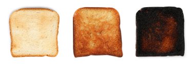 Ekmek, beyaz arka planda farklı derecelerde tost dilimleri, kolaj
