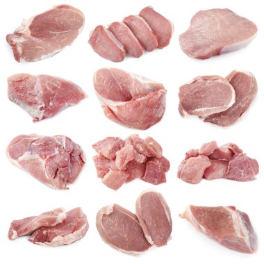 Beyaz arka planda taze çiğ domuz eti, kolaj.