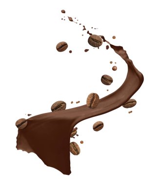 Aromatik kahve sıçraması ve kavrulmuş fasulyeler beyaz arka planda