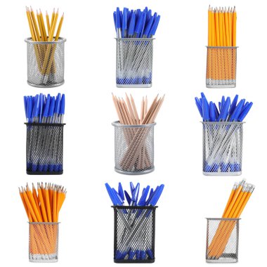 Farklı tutacaklardaki kalemler ve kalemler beyaz, set üzerine izole edilmiş.