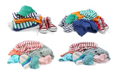 Beyaza izole edilmiş giysiler ve ayakkabılar, kolaj