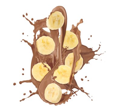 Beyaz arka planda çikolatalı süt ve muz parçaları.