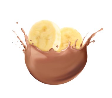 Beyaz arka planda çikolatalı süt ve muz parçaları.