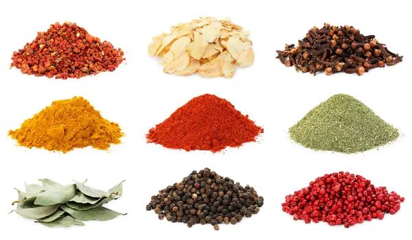 Beyaz arka planda farklı aromatik baharatlar, kolaj