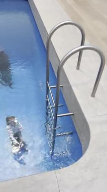 Wassenaar, Hollanda - 24 Nisan 2025: Voorlinden Müzesi 'nde yüzme havuzu kurulumu, sola hareket eden kamera