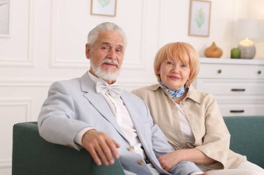 Sevgili yaşlı çift evdeki kanepede birlikte.