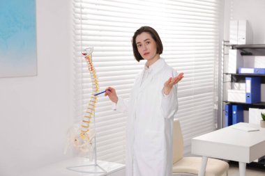 Doktor klinikteki insan omurga modeline işaret ediyor.