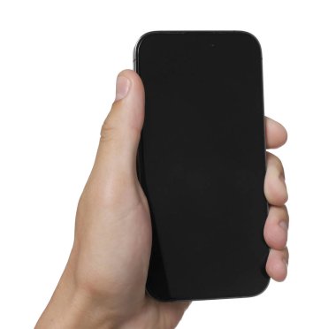 Beyaz arka planda modern akıllı telefonu olan adam, yakın plan. Tasarım için model