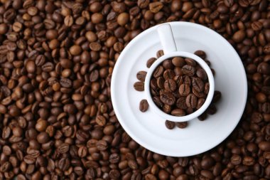 Kahve çekirdekli fincan ve çay tabağı, en iyi manzara. Metin için boşluk