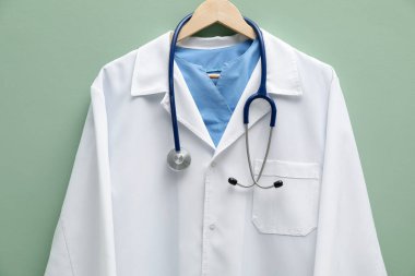 Açık yeşil arka planda asılı steteskoplu doktor ceketi.