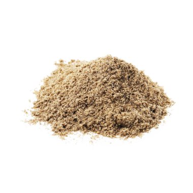 Süper yemek. Chia tohumu tozu yığını beyaza izole edilmiş.
