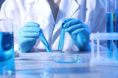 Masada deney tüpleri ve Petri kabı olan bilim adamı, yakın plan.