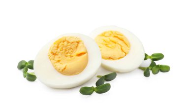 Beyaz üzerine izole edilmiş mikro yeşillikli haşlanmış yumurtalar.