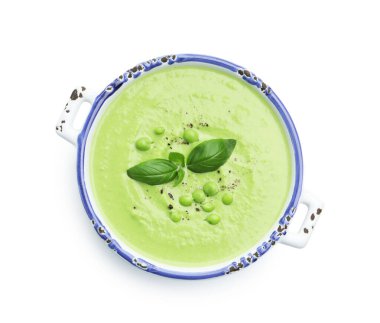 Lezzetli bezelye kremalı çorba. Fesleğenli.