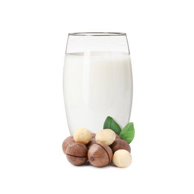 Bardakta fındık sütü ve beyaza izole edilmiş makadamialar.